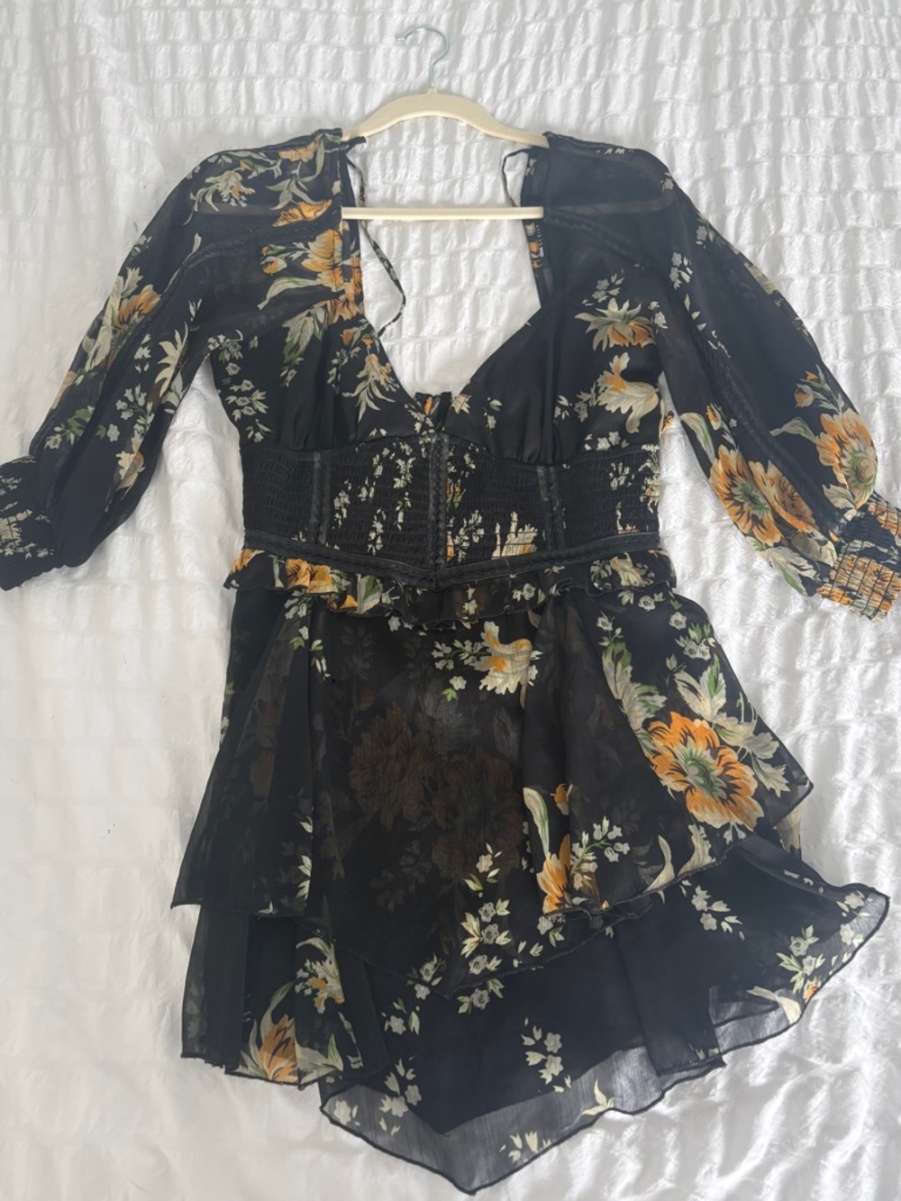 ASOS Black Floral Layered Mini Dress with Mustard Accents
